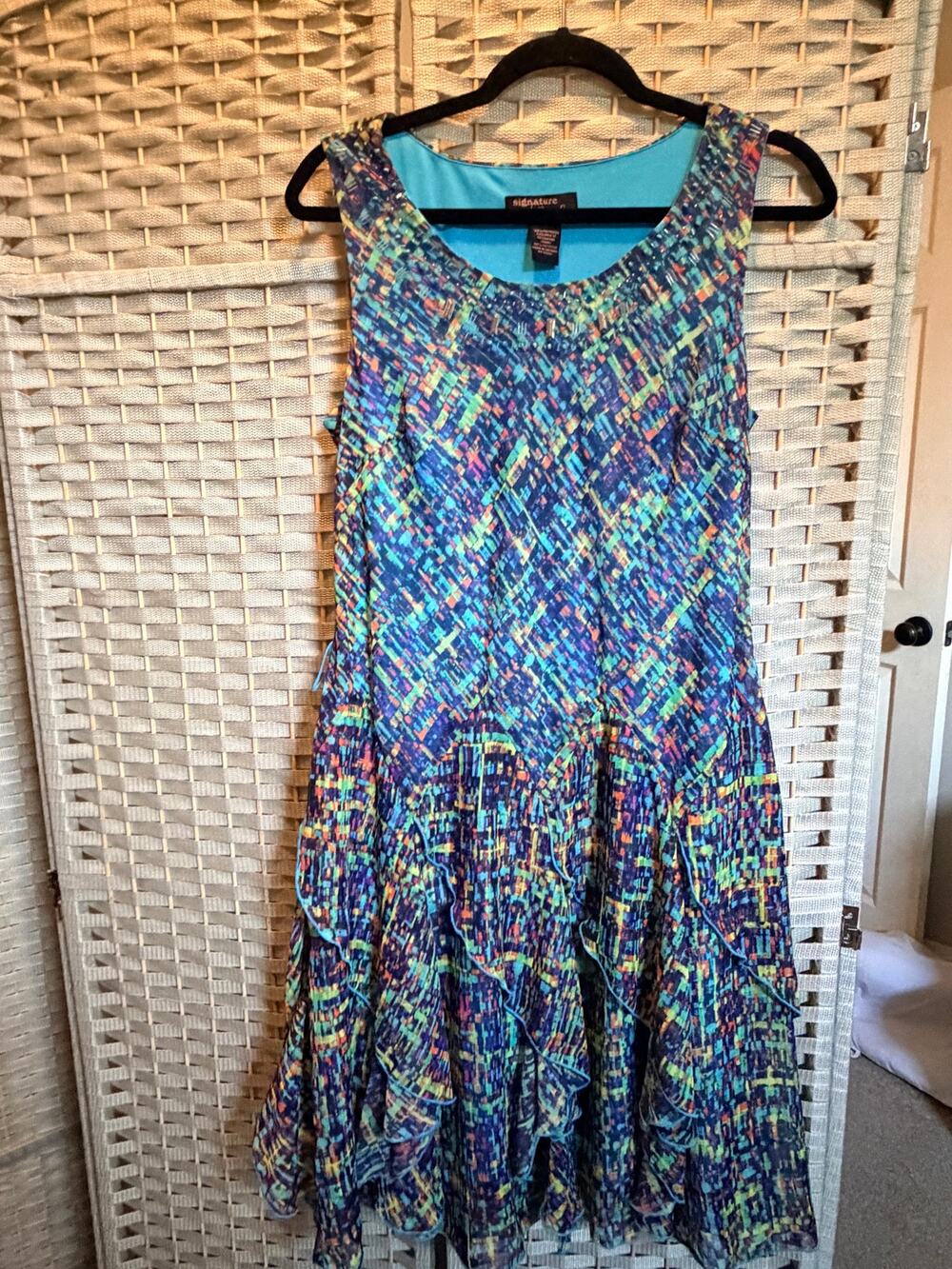 Signature by Robbie Bee Sleeveless Pull Over Style Mesh Ruffle Dress Blue 12P